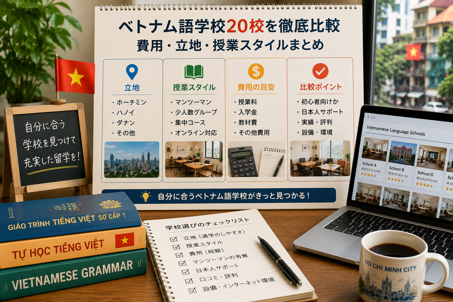 ベトナム語学校20校の立地・授業形式・費用・選び方を比較するイメージ
